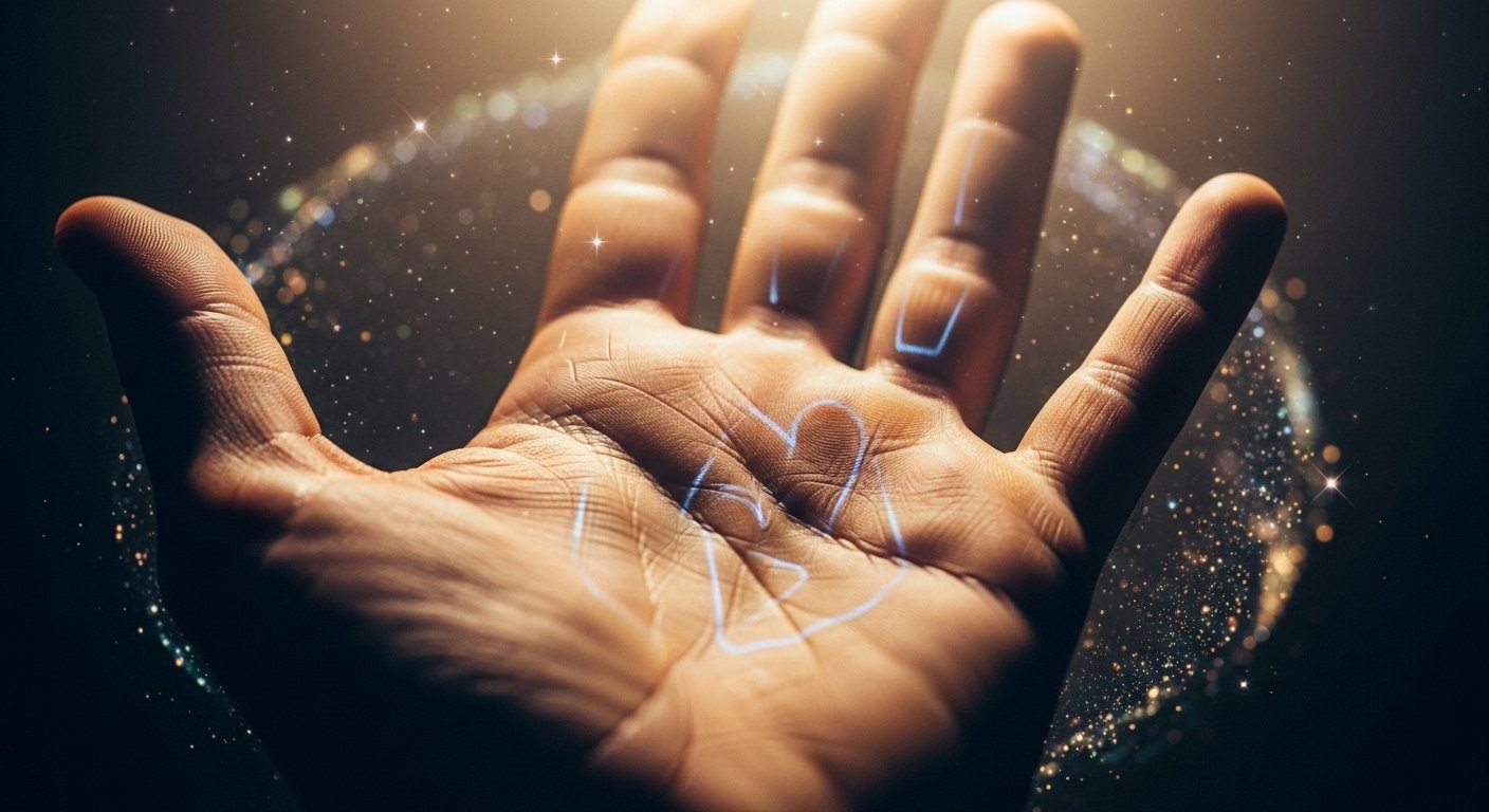 Avucunuzdaki Kader Haritası Avuç içi çizgilerini inceleyen mistik bir görüntü, kader ve yaşam yolculuğunun sembolleri.