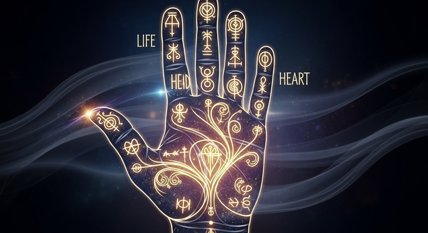 Kaderinizin Perdesi Aralanıyor Bir el falı uzmanı veya mistik, avuç içindeki çizgileri dikkatle okurken.