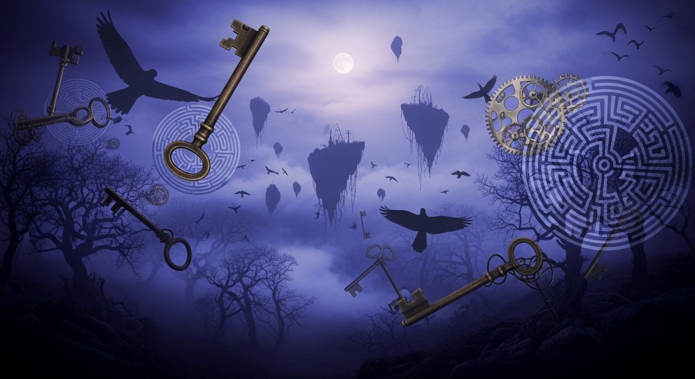 Gizemli bir gökyüzünde parlayan gezegenler ve bir kadının rüya alemindeki sembolik yolculuğu, astroloji ve rüyalar arasındaki derin bağlantıyı temsil ediyor.