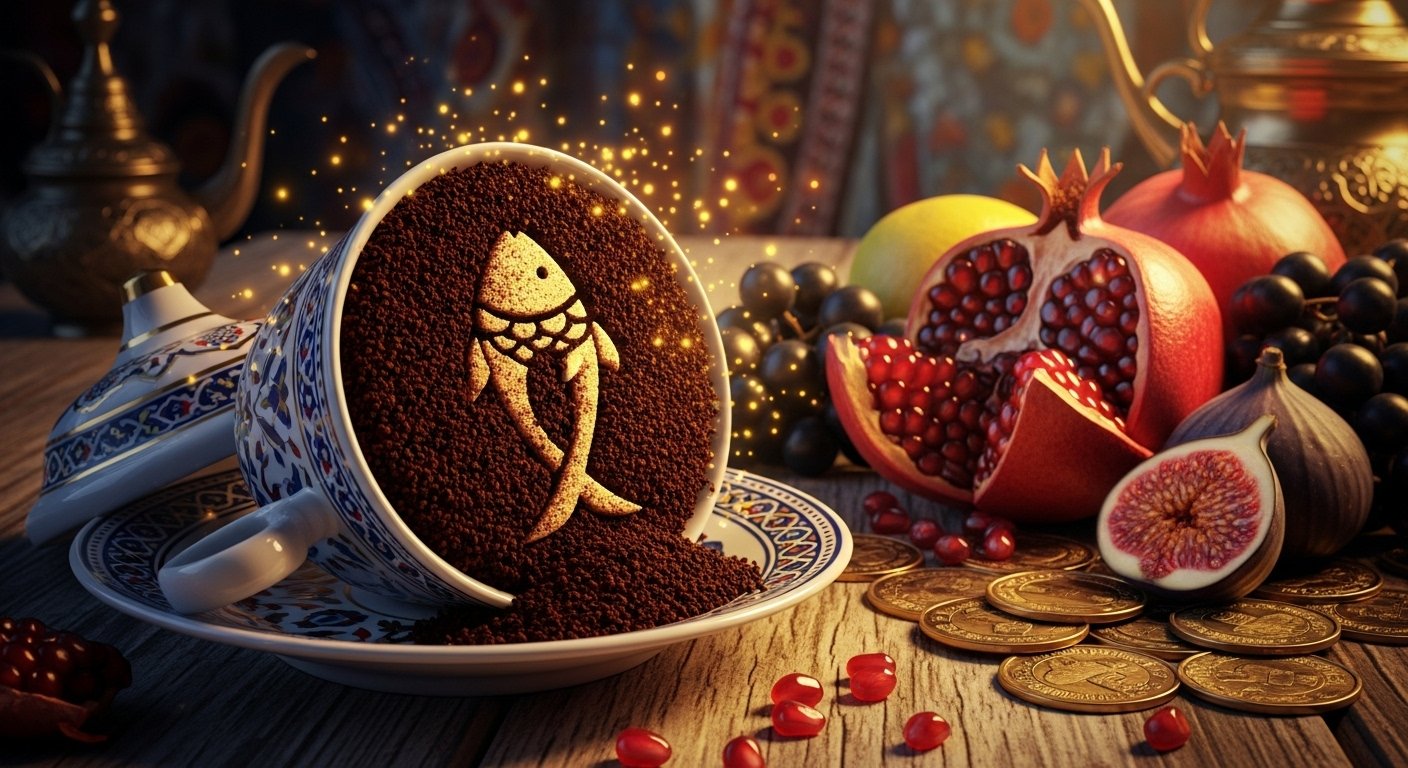 Kahve fincanının içinde net bir balık figürü, falın ana odağını temsil ediyor.