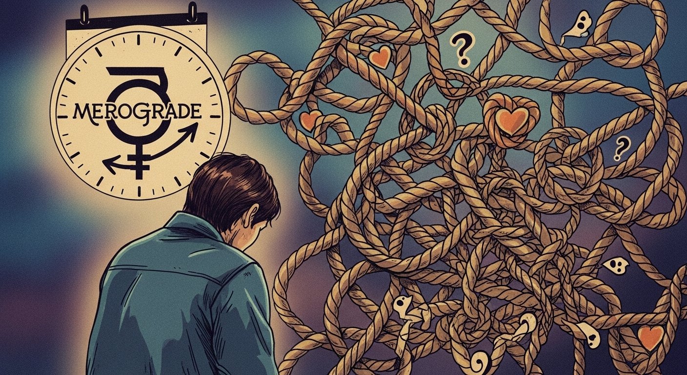 Retro Merkür döneminde içsel yolculuk yapan, numeroloji sembolleriyle çevrili bir kadın