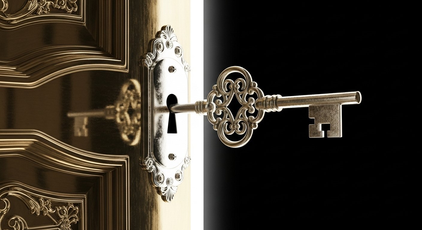 Gizemli sembollerle süslü bir anahtar, fal tabağının içinde beliriyor, etrafında sisli bir enerji mevcut.