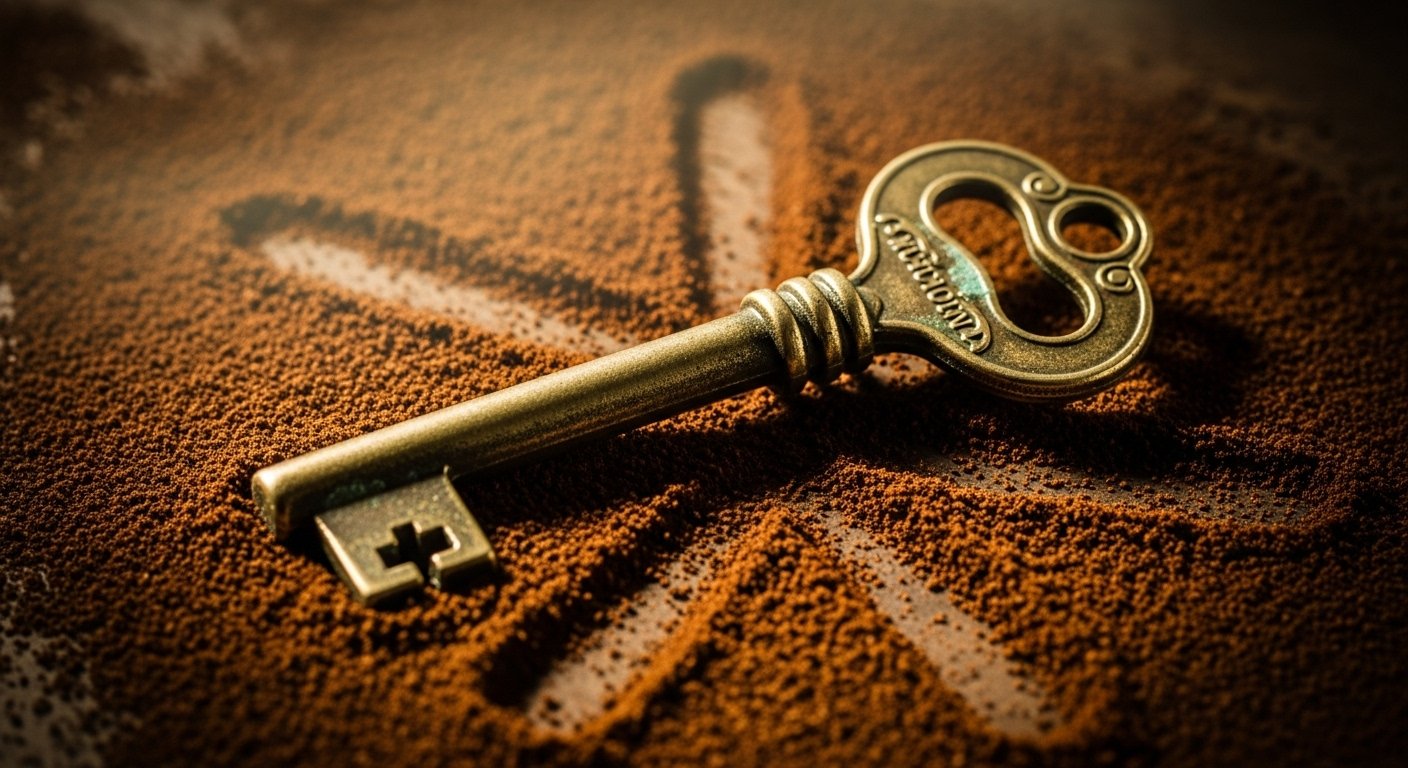 Antik görünümlü bir anahtar, üzerinde gizemli semboller ve gök cisimleri ile çevrili.