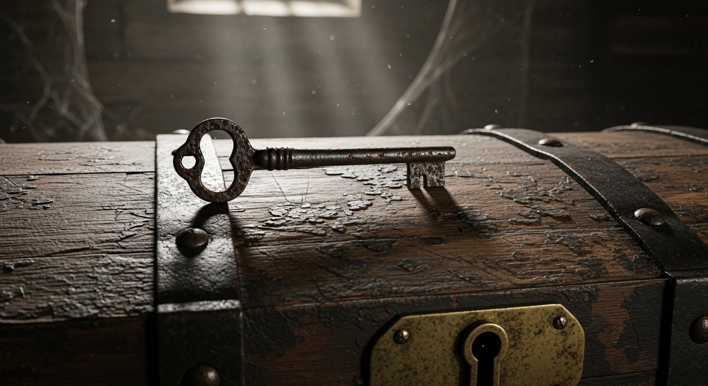Gizemli bir atmosferde, ışıkla çevrili eski bir kapının önünde duran parlak bir anahtar.