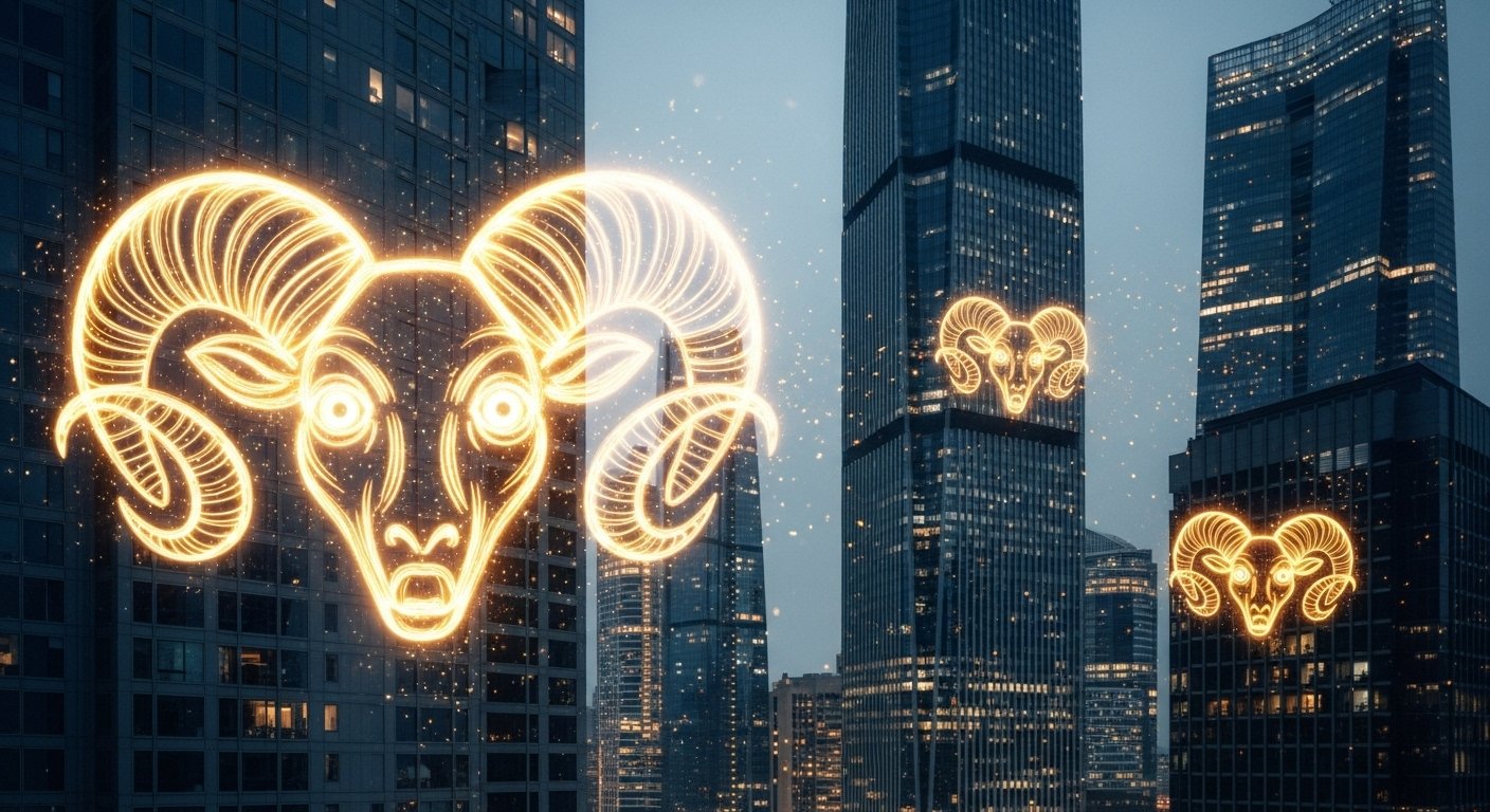 Koç burcu için Nisan ayında kariyerde başarı ve zirveye ulaşma temalı bir astrolojik harita görseli.