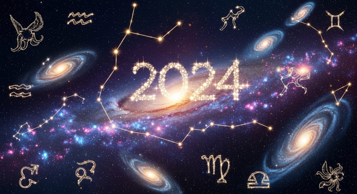 Gökyüzünde parlayan yıldızlar ve burç simgeleri, 2024 astroloji kehanetlerini temsil ediyor.