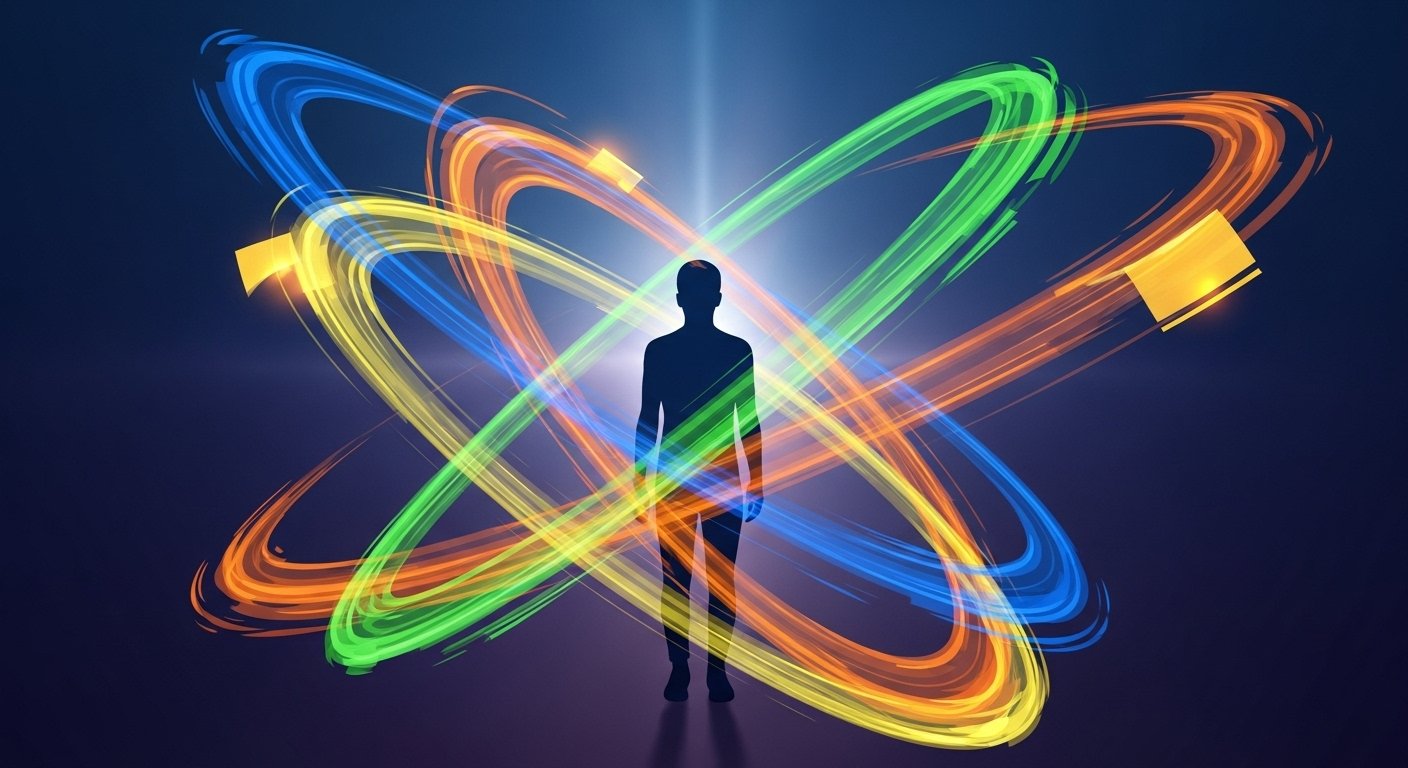 Gezegenler ve burçlarla çevrili bir insan figürünün aurası