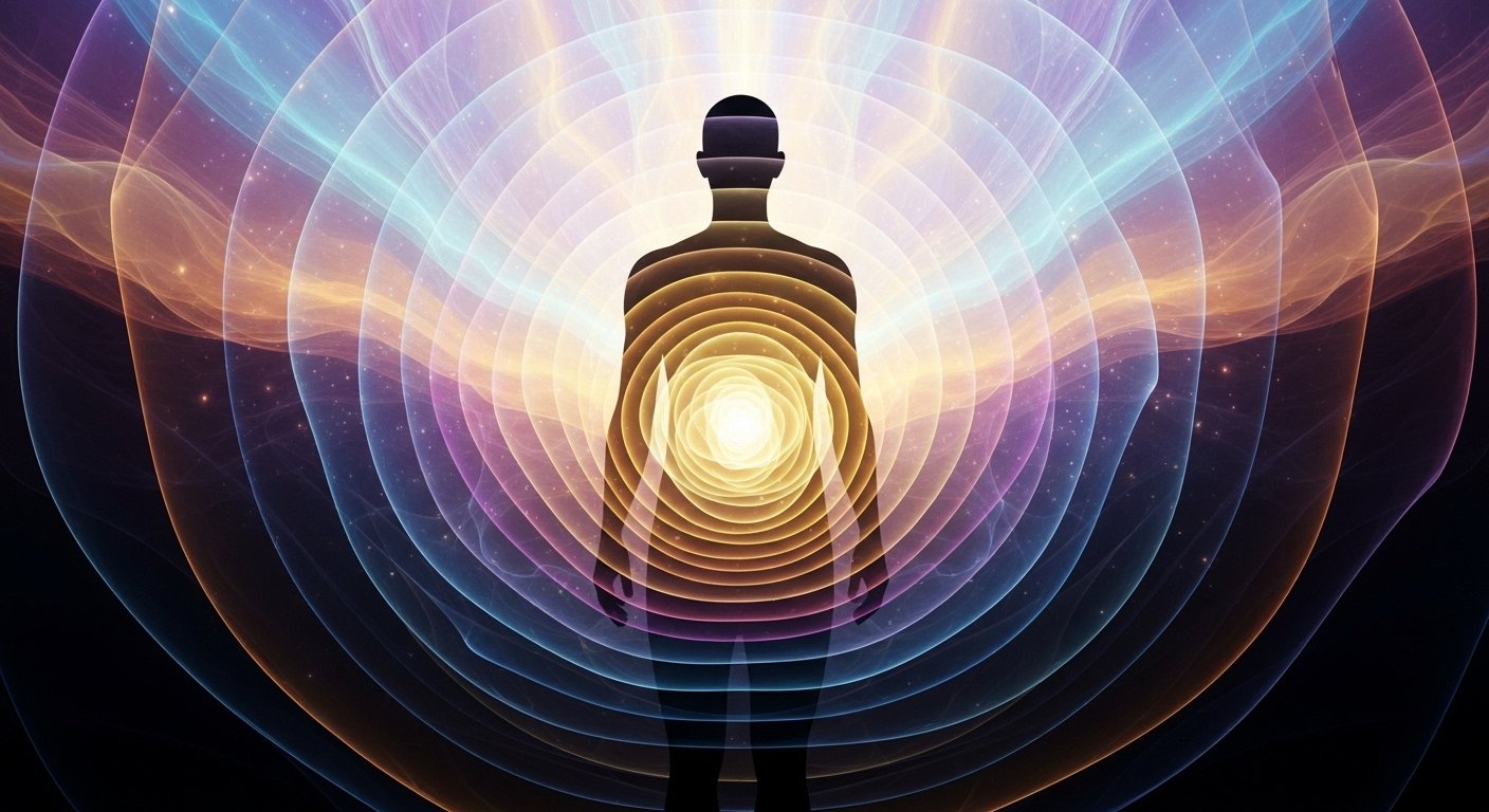 Parlayan kırmızı bir aura ve enerjik bir meditasyon figürü