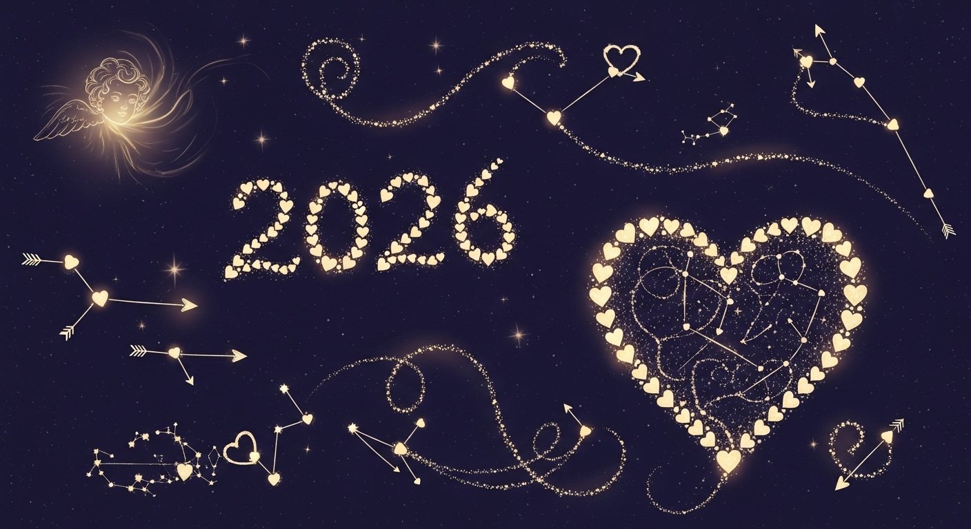 Aşk ve evliliği simgeleyen kalpler ve yüzükler, numerolojik bir tablonun üzerinde duruyor.