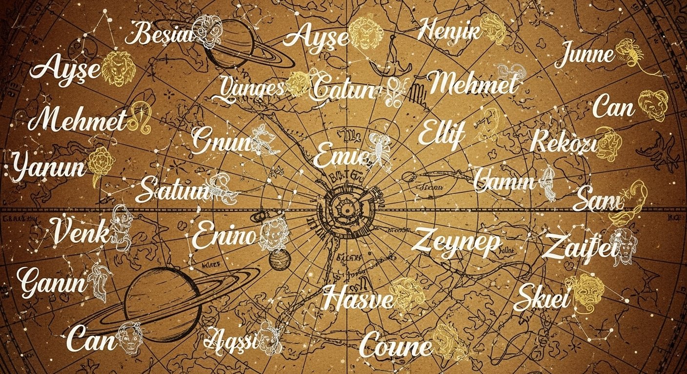 Gökyüzünde yıldızlar ve gezegenlerle çevrili, Türk isimlerinin enerjisini simgeleyen soyut bir kompozisyon.