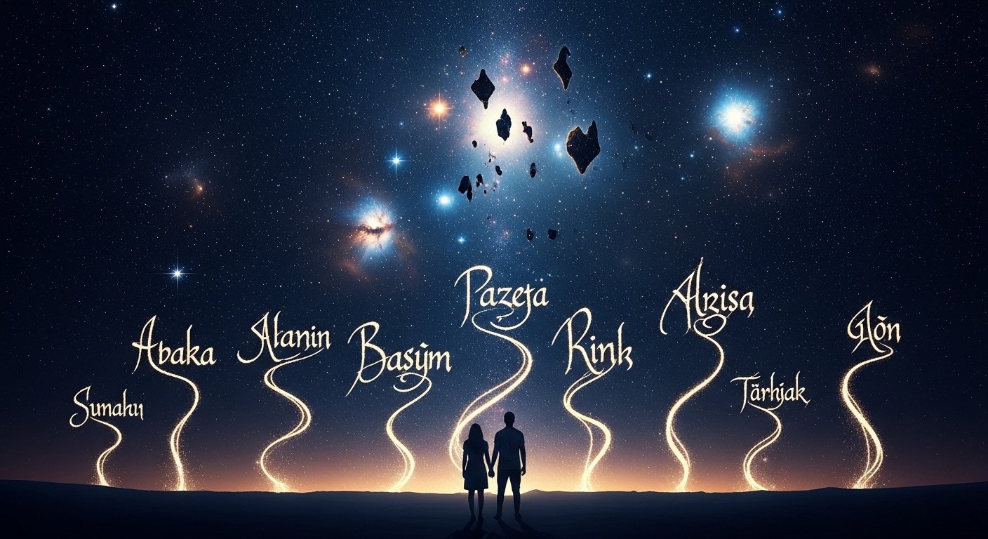 Türk isimlerinin astrolojik etkileşimlerini gösteren kozmik bir illüstrasyon