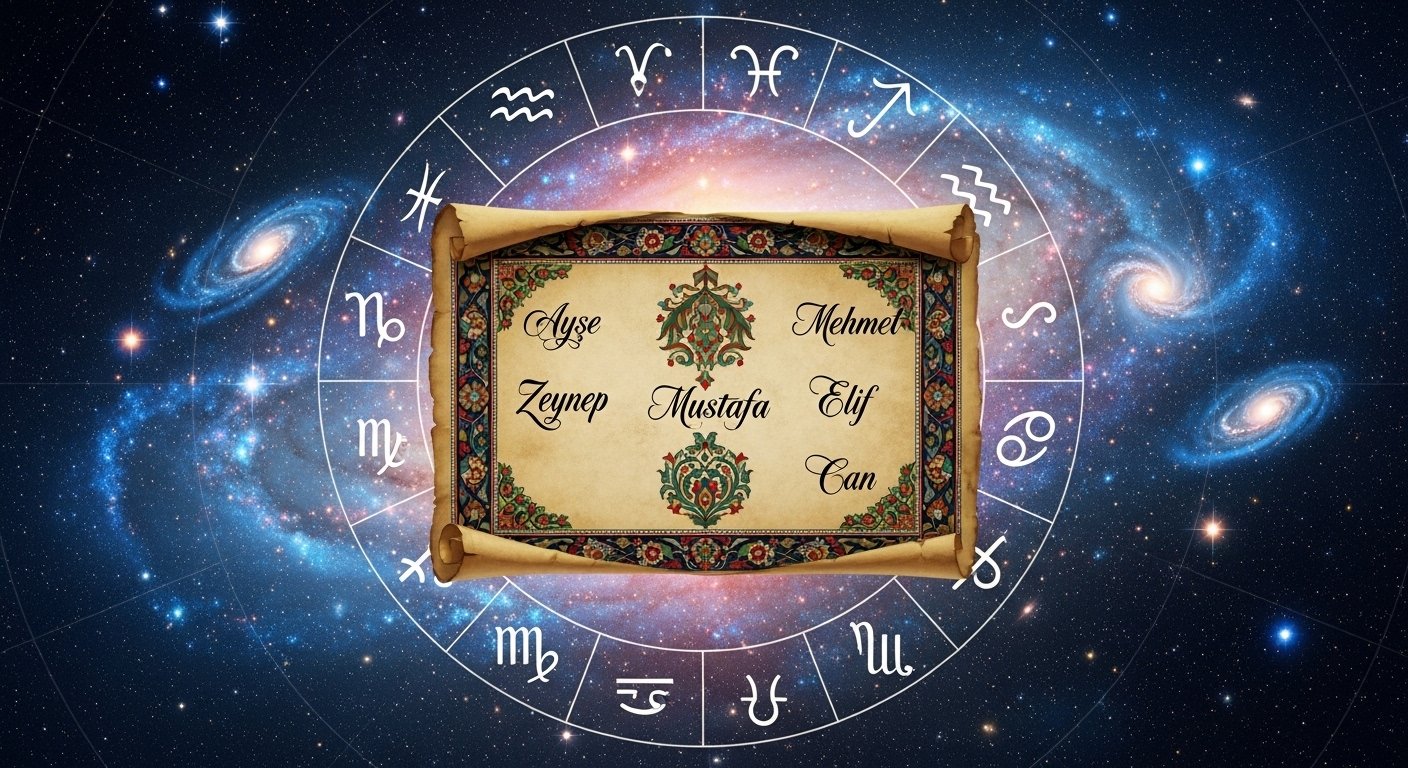 Antik el yazması ve yıldız haritası üzerinde isimlerin mistik bağlantısını gösteren görsel