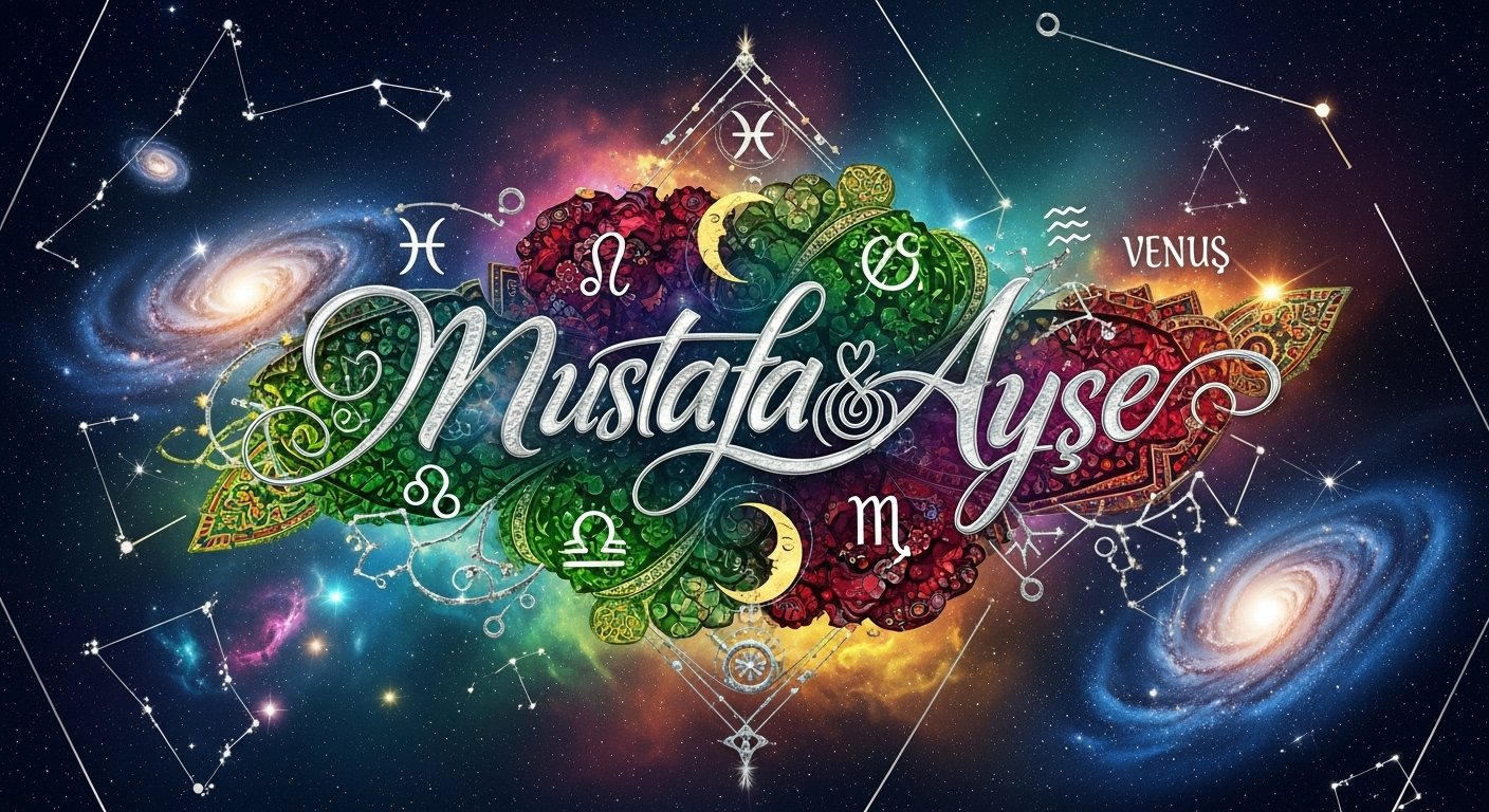 Türkçe isimlerin astrolojik yansımalarını gösteren, harflerle yıldızların birleştiği mistik bir görsel.