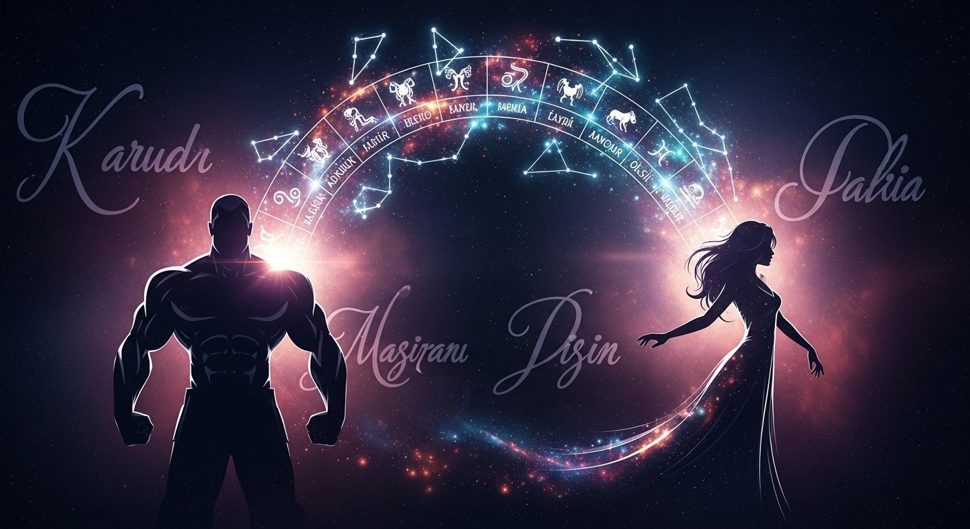 Doğum haritası ve numerolojik hesaplamaları gösteren mistik figürler ve eski parşömenler