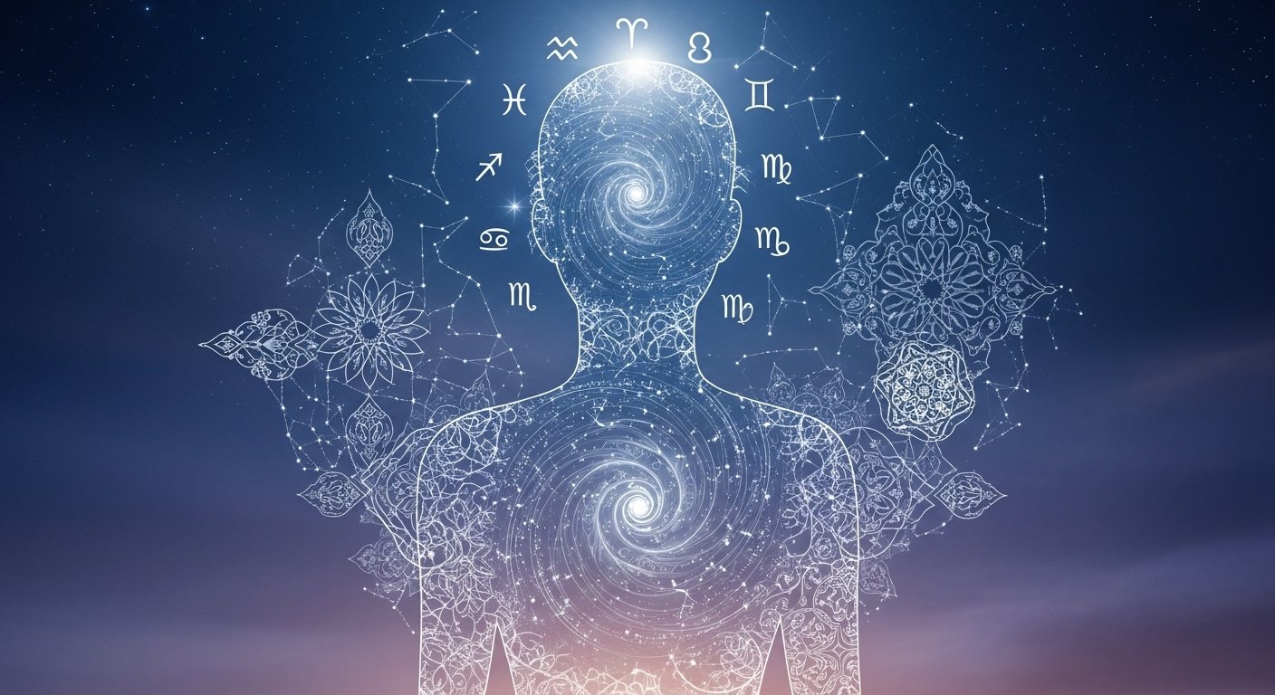 Renkli sayılar ve harflerle kişiliği temsil eden soyut illüstrasyon