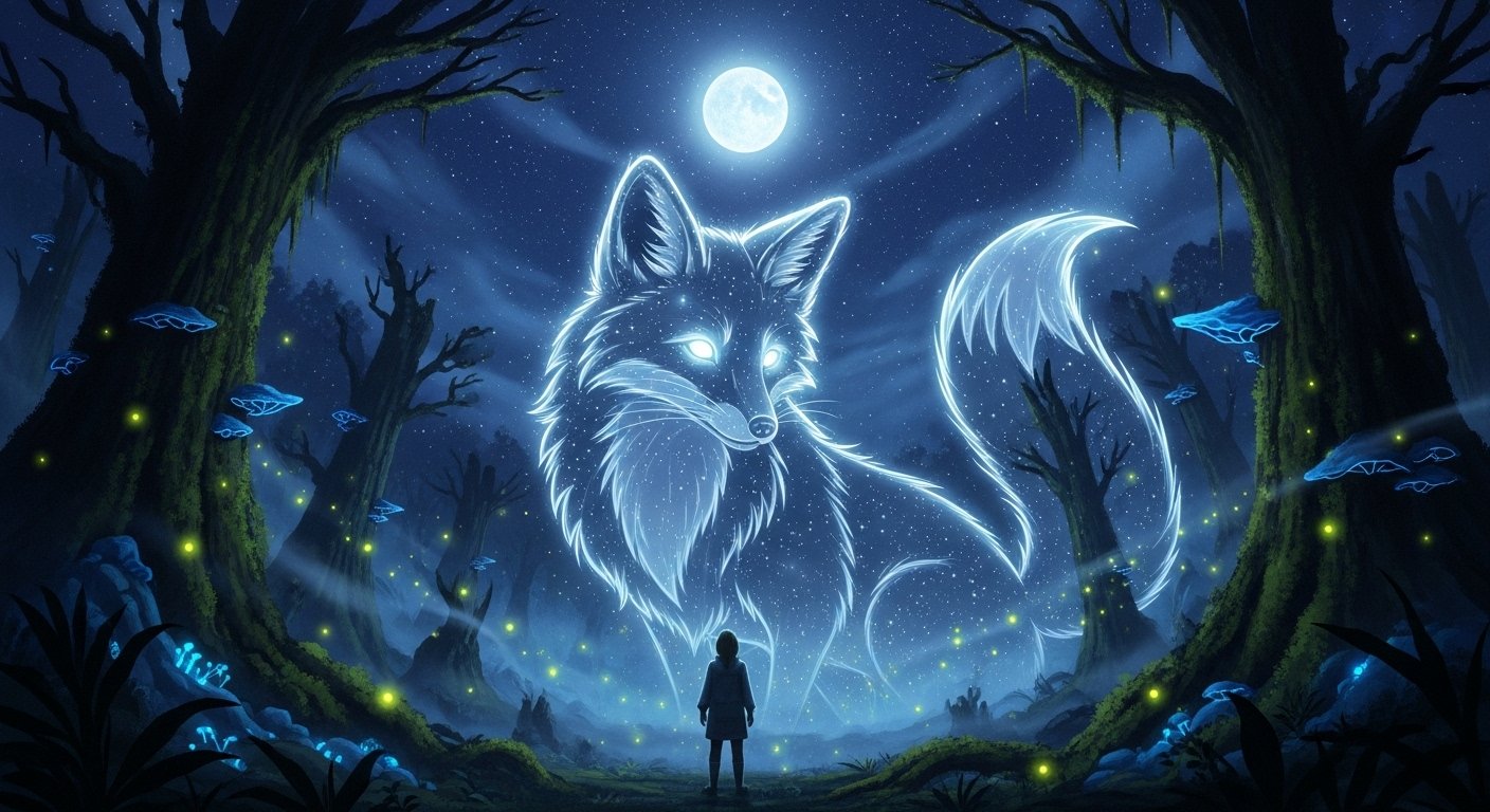 Ağaçların arasında beliren, gizemli bir ışıkla aydınlatılmış totem hayvanlarının ruhani tasviri.