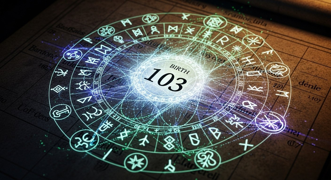 Bir doğum haritasının karmaşık diyagramı ve yıldızlar, kaderi temsil eden sembollerle çevrili.