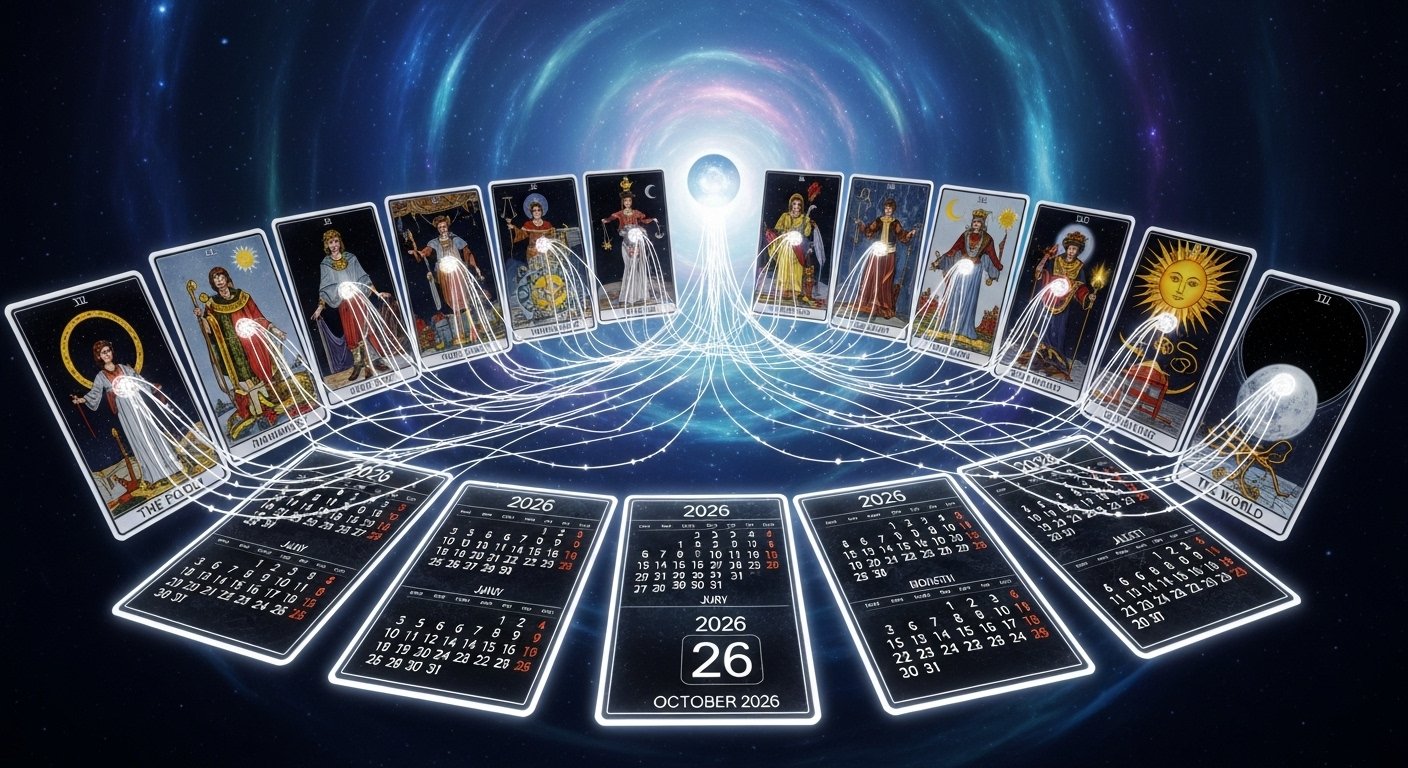 Tarot kartları ve astrolojik sembollerle dolu mistik bir görsel, 2026 yılı enerjilerini temsil ediyor.