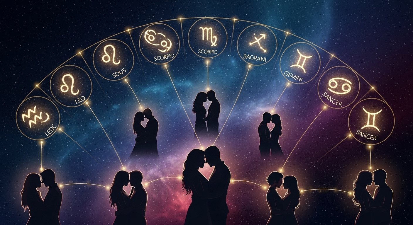 A vibrant and abstract depiction of planetary energy, with swirling colors and interconnected orbits symbolizing the flow of cosmic influence on human relationships.