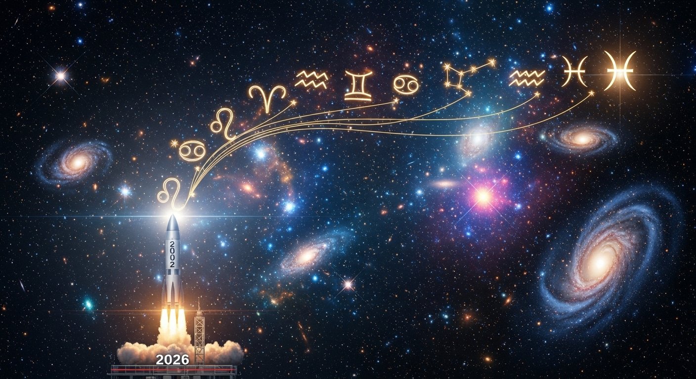 2026 yılı astrolojik kariyer haritasını gösteren, gezegen sembolleri ve grafiklerin birleşimi