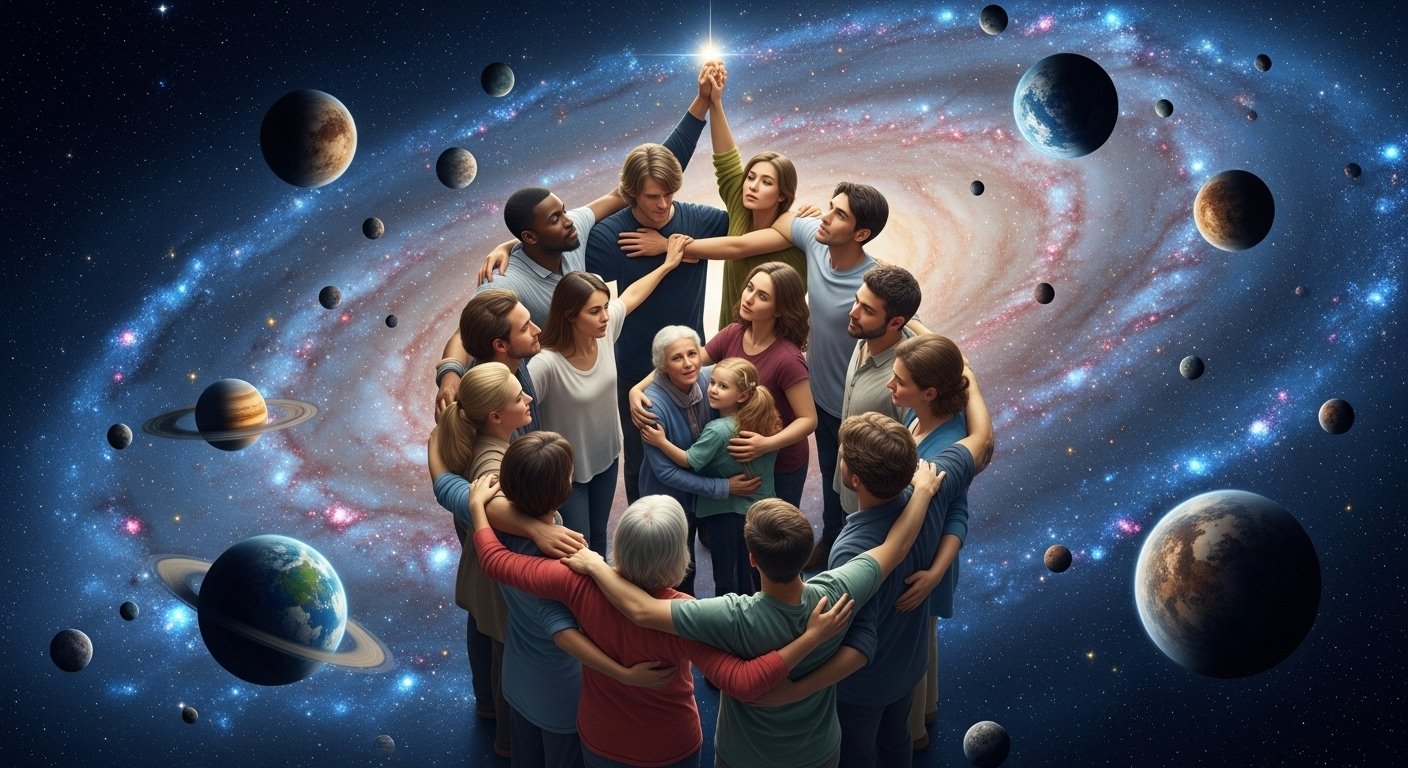 Gezegenlerin hizalanması ve kaderin yollarını gösteren soyut bir çizim.