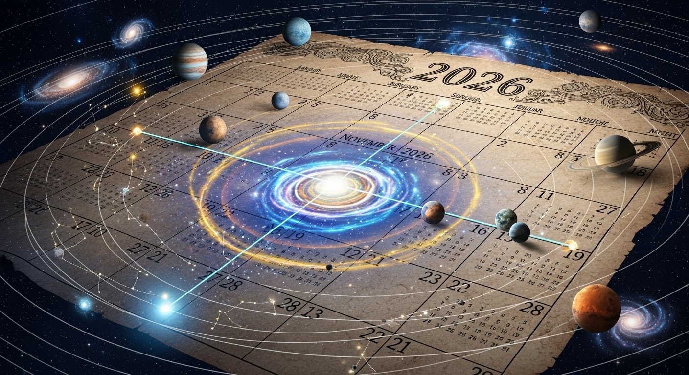 A cosmic scene depicting planets in retrograde motion, symbolizing reflection and re-evaluation.