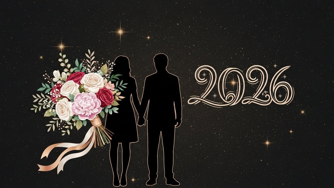 Yüzük ve çiçeklerle süslenmiş bir düğün masası üzerinde numerolojik semboller