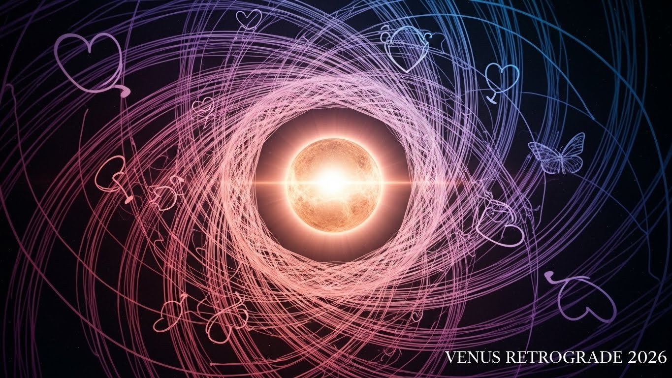 Gökyüzünde ışık saçan Venüs gezegeni, arkasında yıldızlar ve romantik bir aura ile