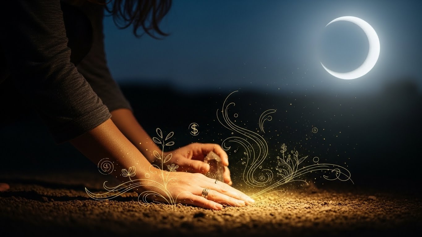 A hand holding a clear quartz crystal, symbolizing grounding and clarity, against a blurred financial chart background.