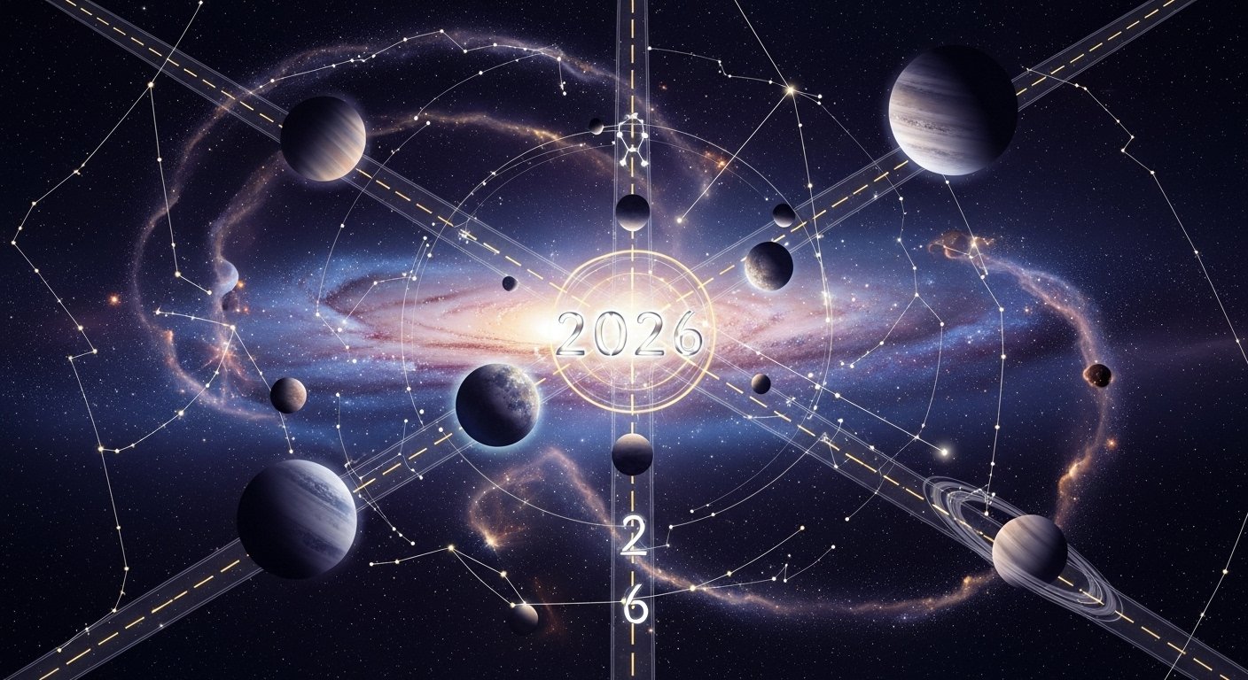 A stylized celestial map showing planets and astrological symbols, representing karmic navigation.