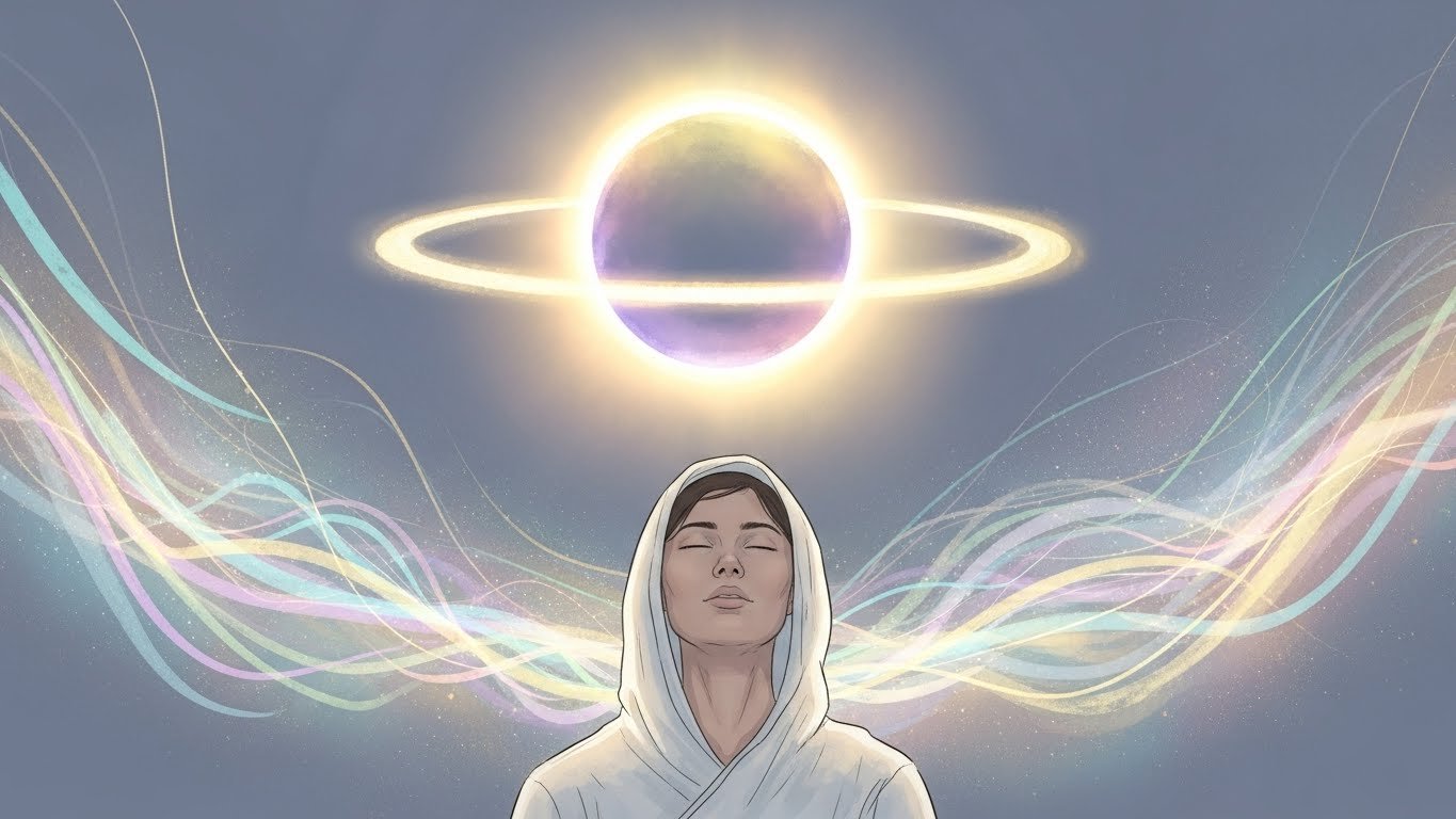 Person meditating under a night sky with stars and cosmic energies, symbolizing inner peace amidst change.