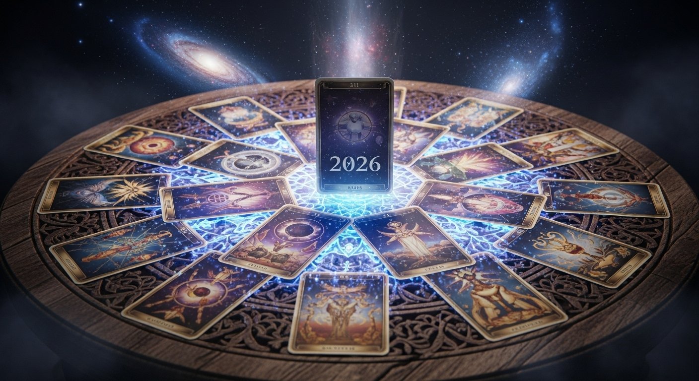 Tarot cards spread on a mystical background, symbolizing foresight and future insights for 2026