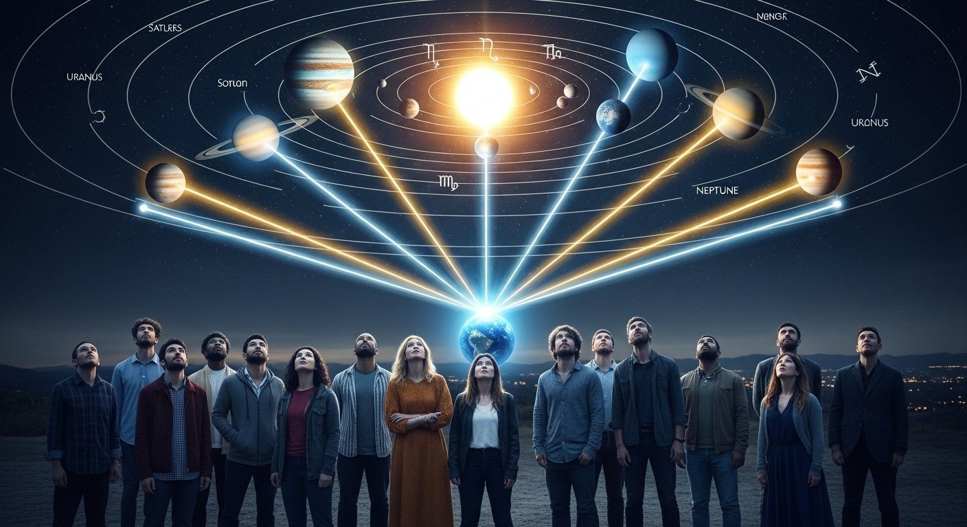 A mystical design blending astrological symbols, numbers, and a retrograde arrow, representing the interconnectedness of cosmic influences.