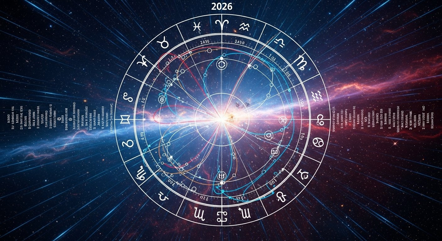 A celestial scene showing planets aligning in a cosmic dance, symbolizing major astrological transits.