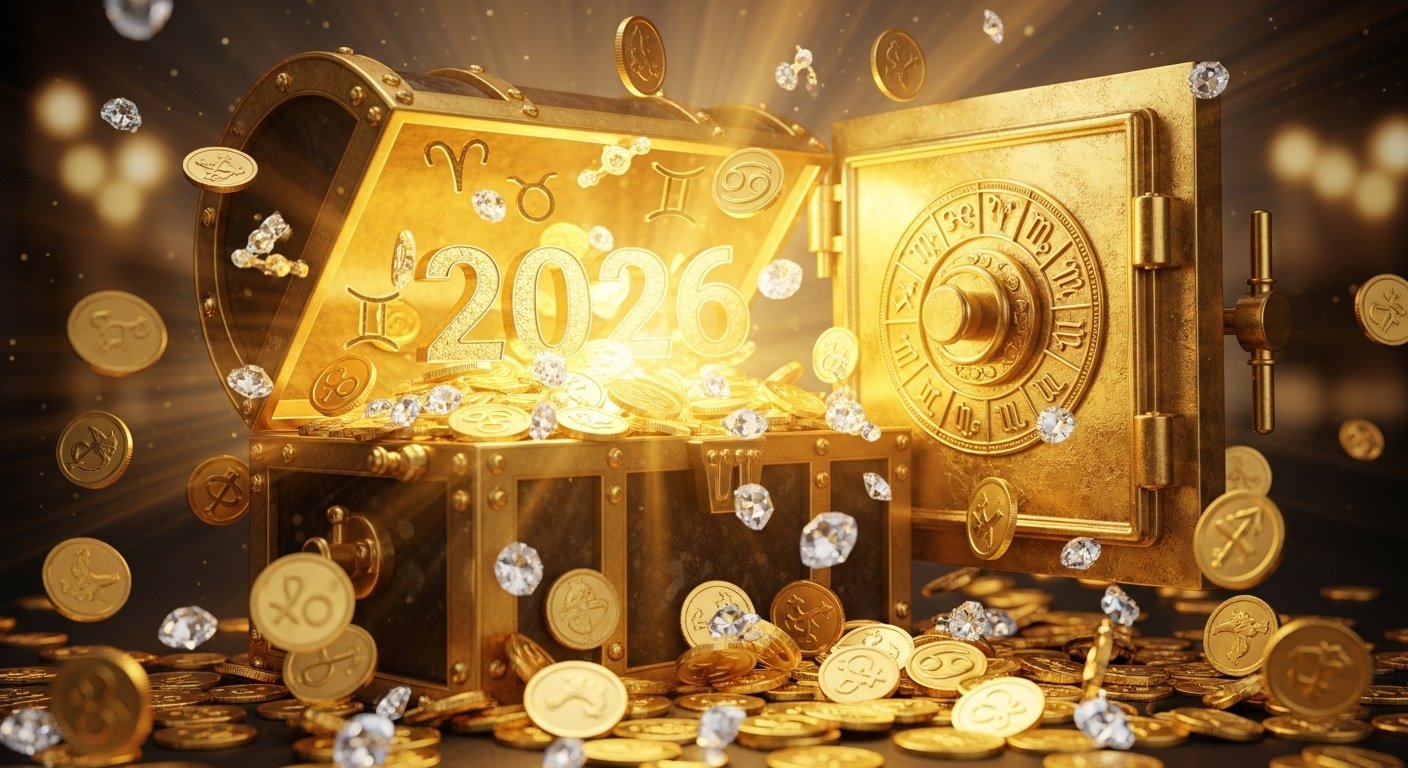 Parlak bir geleceği simgeleyen, elinde anahtar tutan bir figür ve finansal başarıyı temsil eden parlayan yıldızlar.