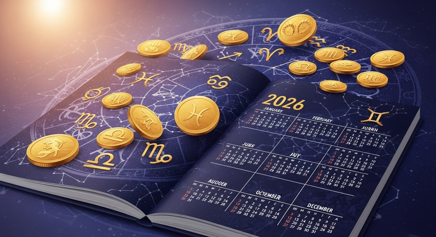 2026 yılında parlayan altın paralar ve burç sembolleri ile finansal bolluğu simgeleyen bir görsel.