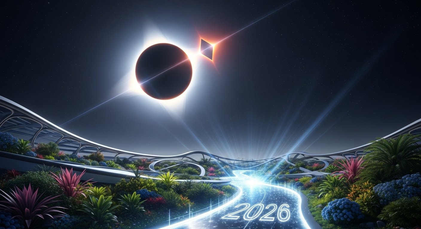 A vibrant celestial scene depicting a solar eclipse, symbolizing profound astrological change and new beginnings.