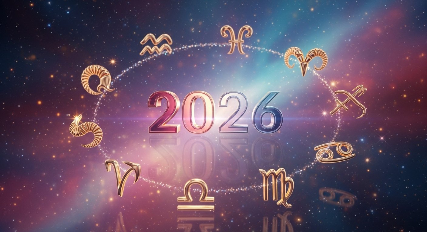 Antik bir nümeroloji tablosu ve üzerinde 2026 sayısının parladığı, geleceğe yönelik bir rehberlik hissi uyandıran mistik bir görüntü.