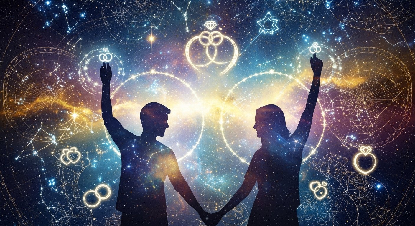 Aşk gezegenlerinin 2026'daki evlilik haritasını işaret eden astrolojik bir görsel. Yıldızlar ve kalpler, evlilik potansiyelini simgeliyor.
