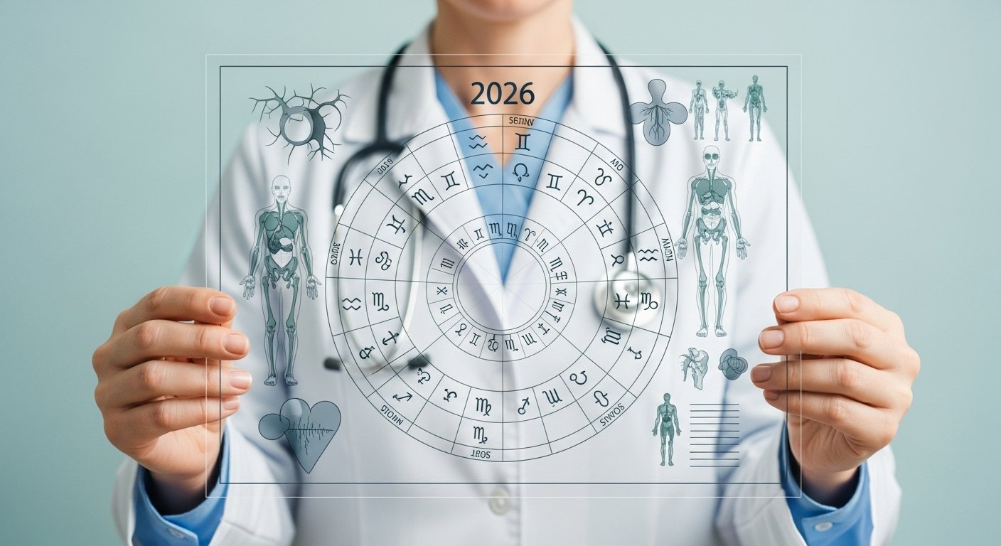 Zodyak işaretleri etrafında dönen sağlıklı yaşamı temsil eden bir görsel, wellness ve geleceğe bakış