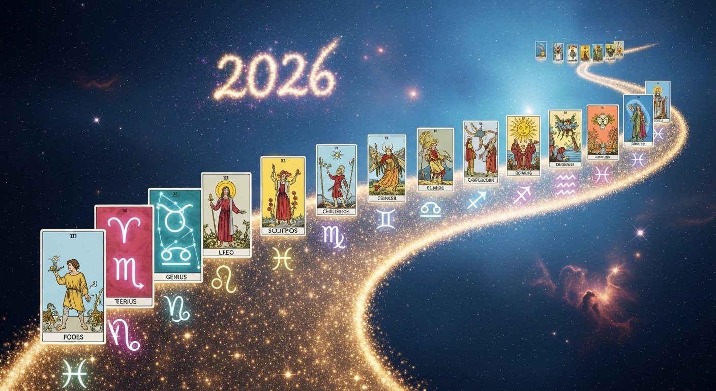 Enigmatic crystal ball glowing with future visions against a starry backdrop, symbolizing cosmic predictions for 2026.