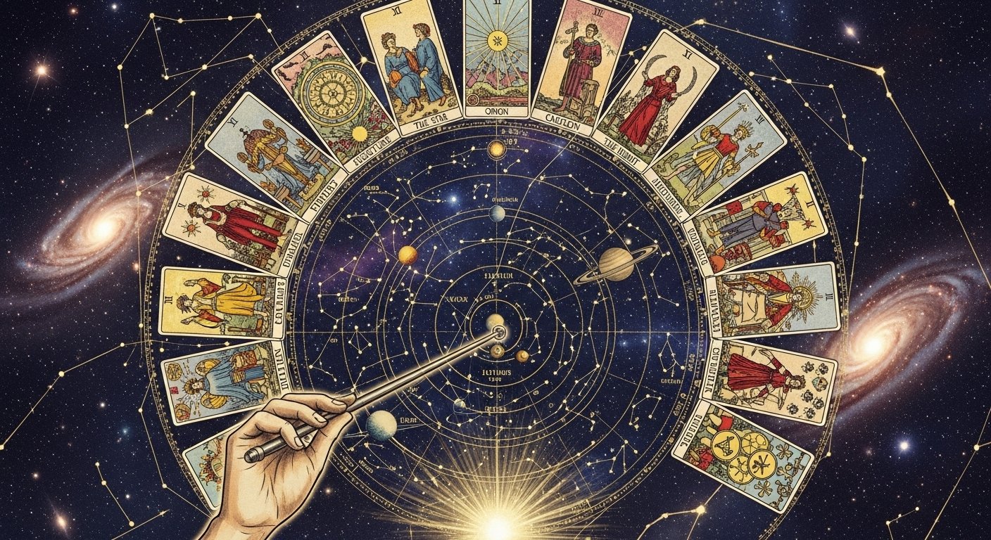Hand holding a tarot card with a mystical glow, surrounded by numerical symbols and cosmic elements.