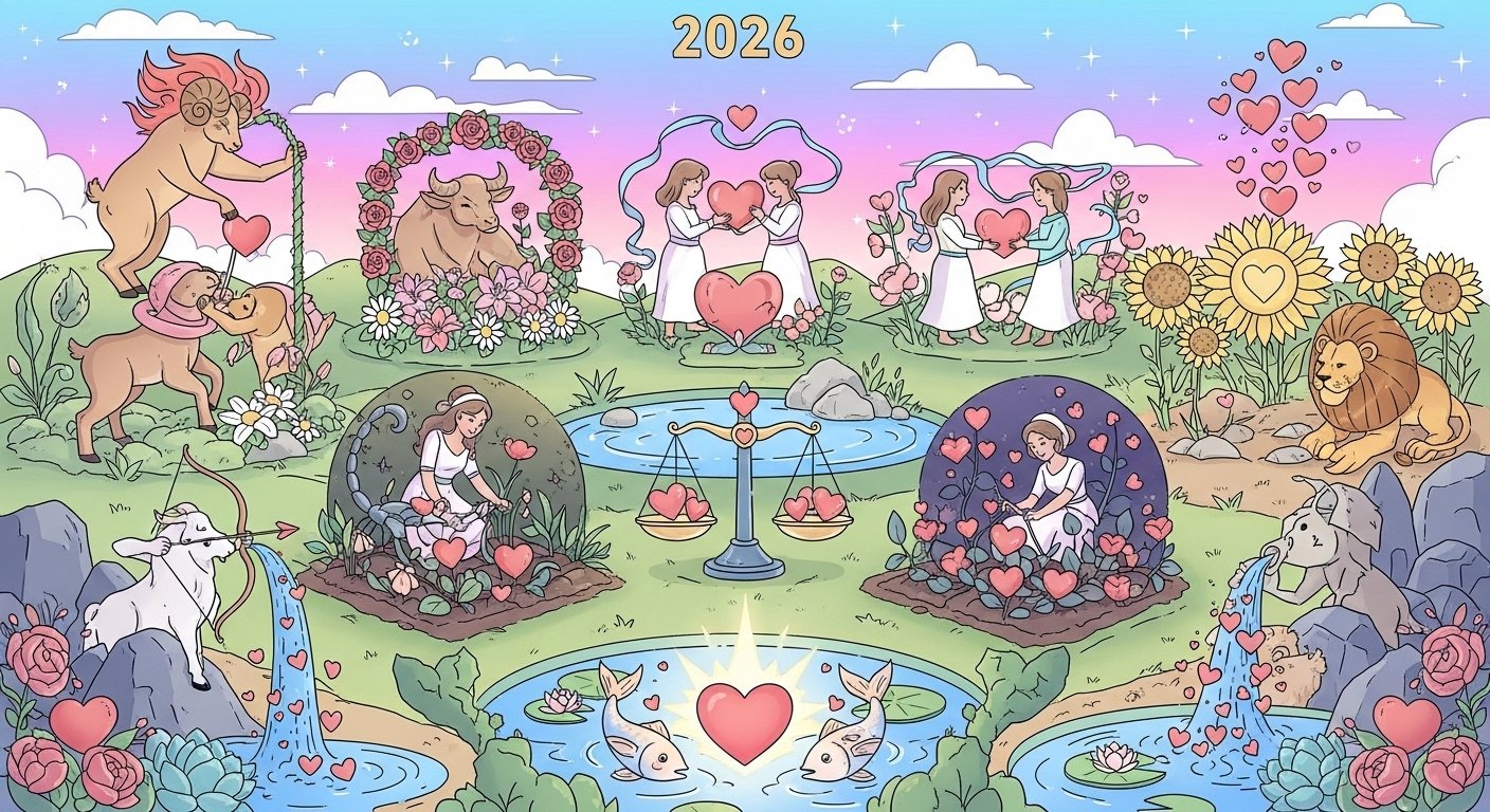 2026'da aşkta şanslı Koç ve Aslan burçlarını temsil eden romantik bir illüstrasyon
