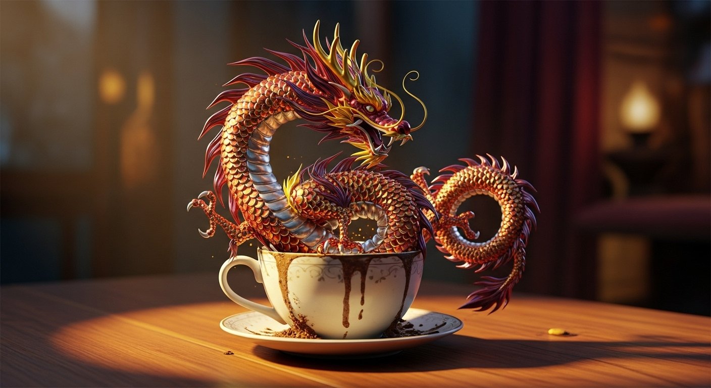 Antik bir kahve fincanında belirginleşen, zarif çizgilerle çizilmiş kudretli bir ejderha figürü, etrafında gizemli bir ışık huzmesi