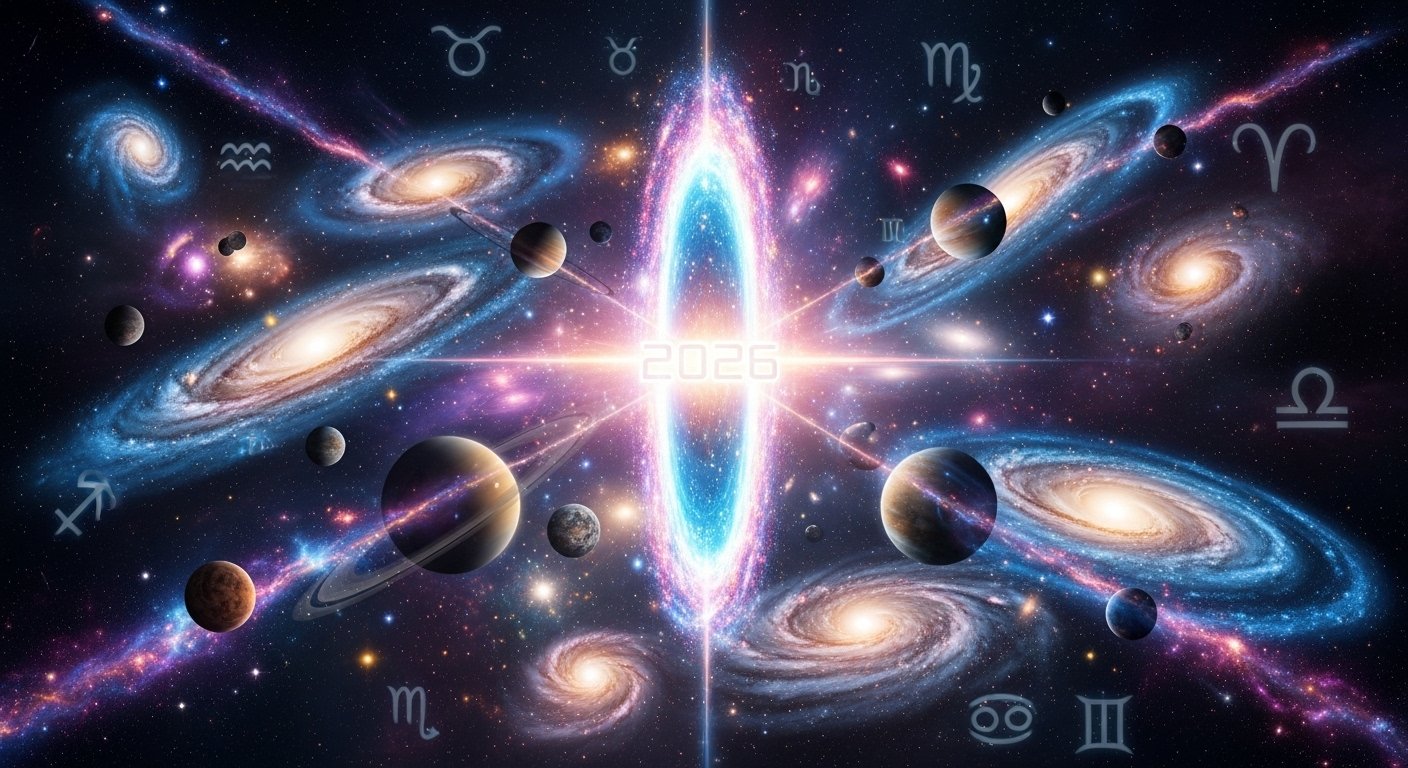 Zodiac signs in a cosmic swirl, illustrating astrological predictions for major life changes in 2026.