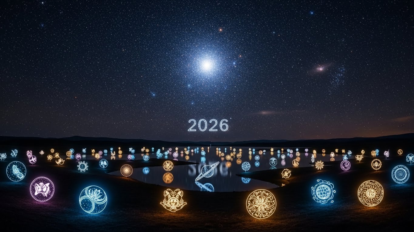 Parlak yıldızlar ve gezegenlerle dolu galaktik bir manzara, geleceği sembolize eden mistik bir atmosfer.