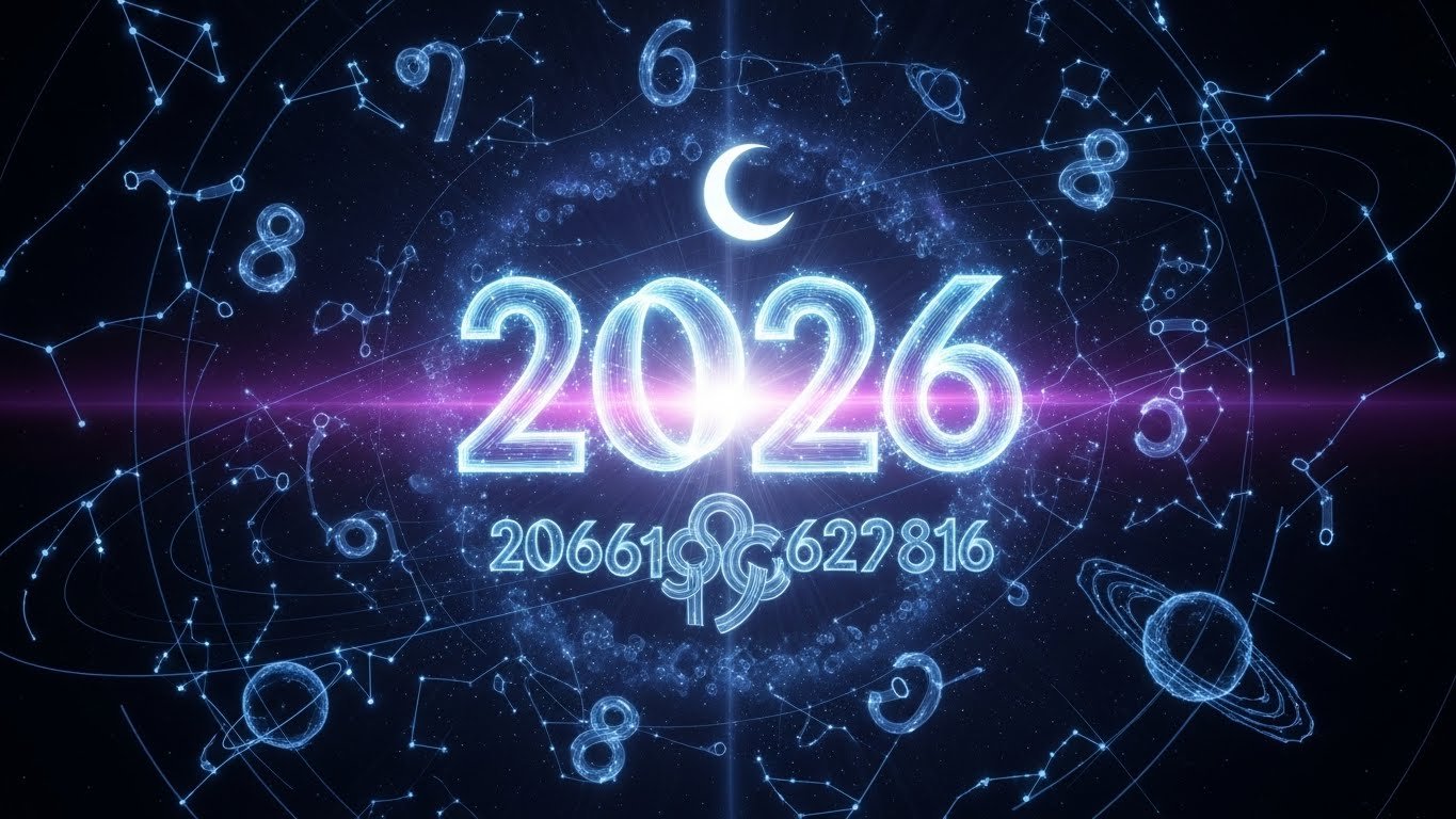 A vibrant, cosmic illustration depicting the number 8, symbolizing balance, abundance, and infinity, with swirling stars and galaxies in the background.